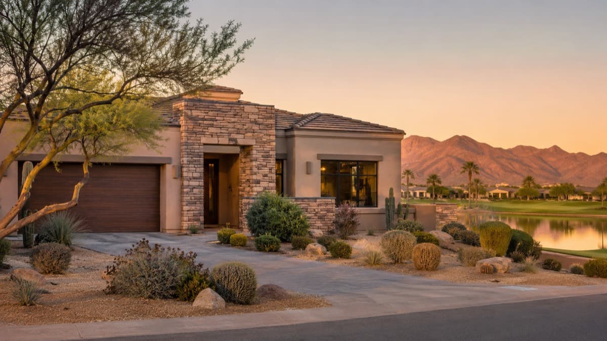 Upscale single-story stone-and-stucco Chandler, Arizona home at golden hour beside a golf-community lake, with desert xeriscape landscaping and mountains glowing in the background