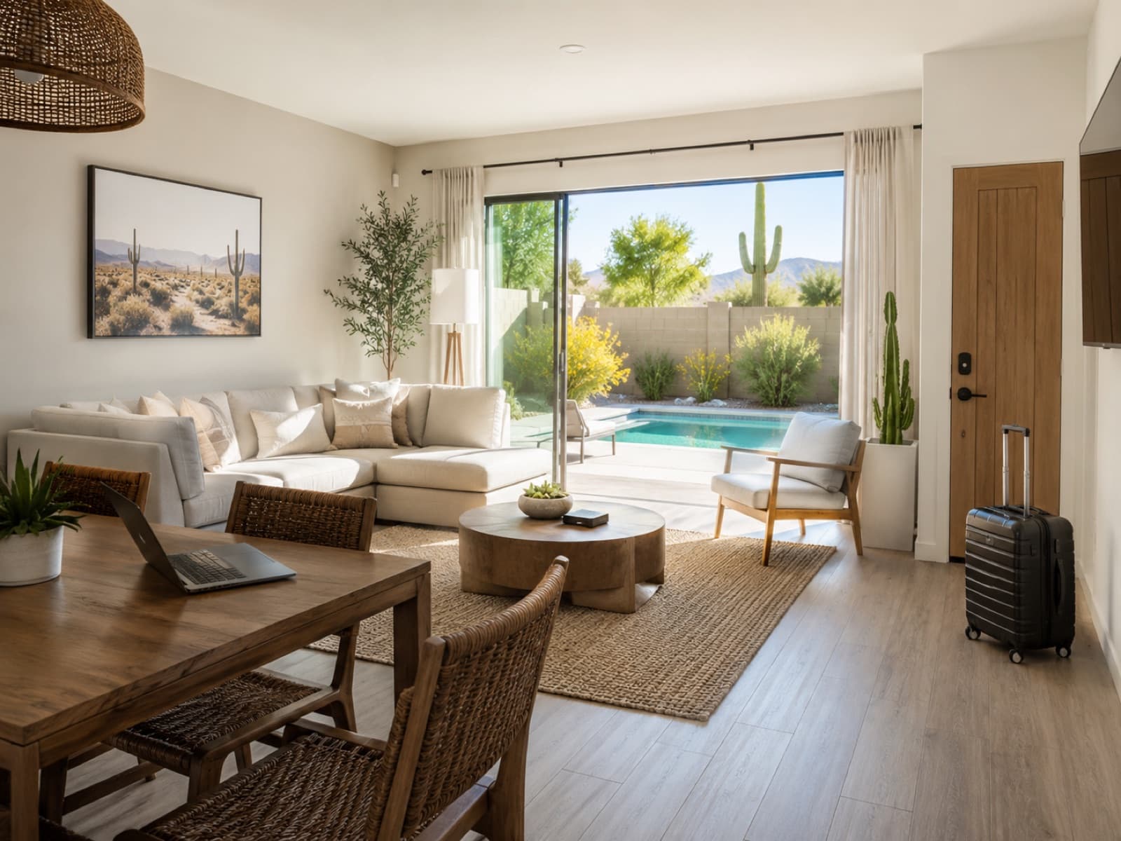 Furnished Phoenix extended stay rental living room with a suitcase by the door, laptop workspace, and sliding doors opening to a private pool