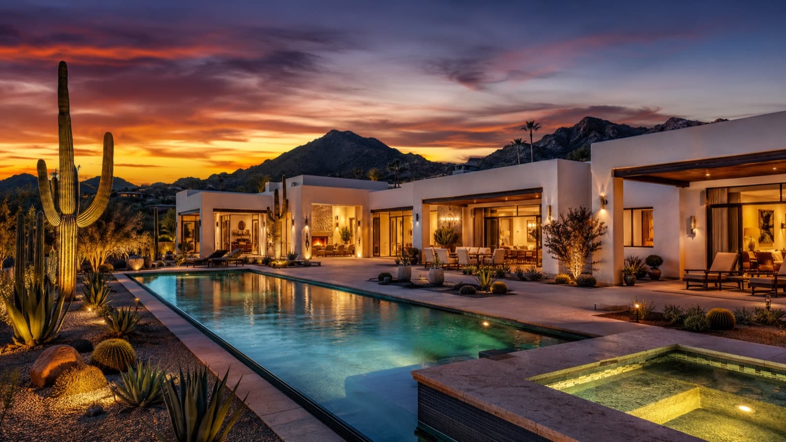 Paradise Valley luxury vacation rental estate at twilight with a long heated pool, spa, desert landscaping, and mountain views