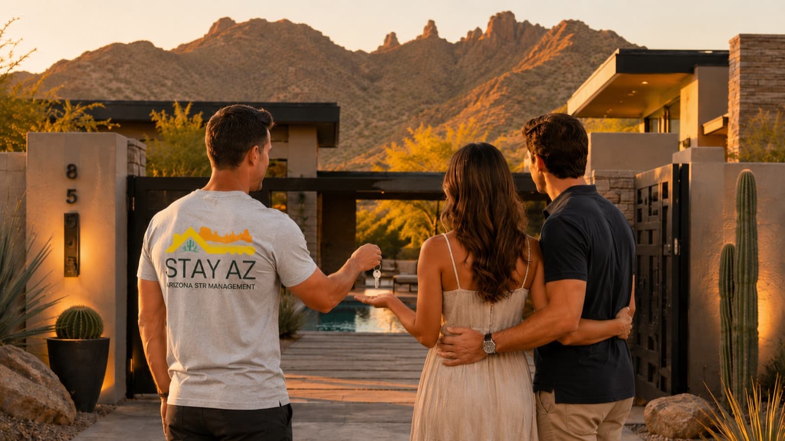 Stay AZ team member handing keys to new Airbnb investors in front of a Scottsdale desert home with pool and mountain views
